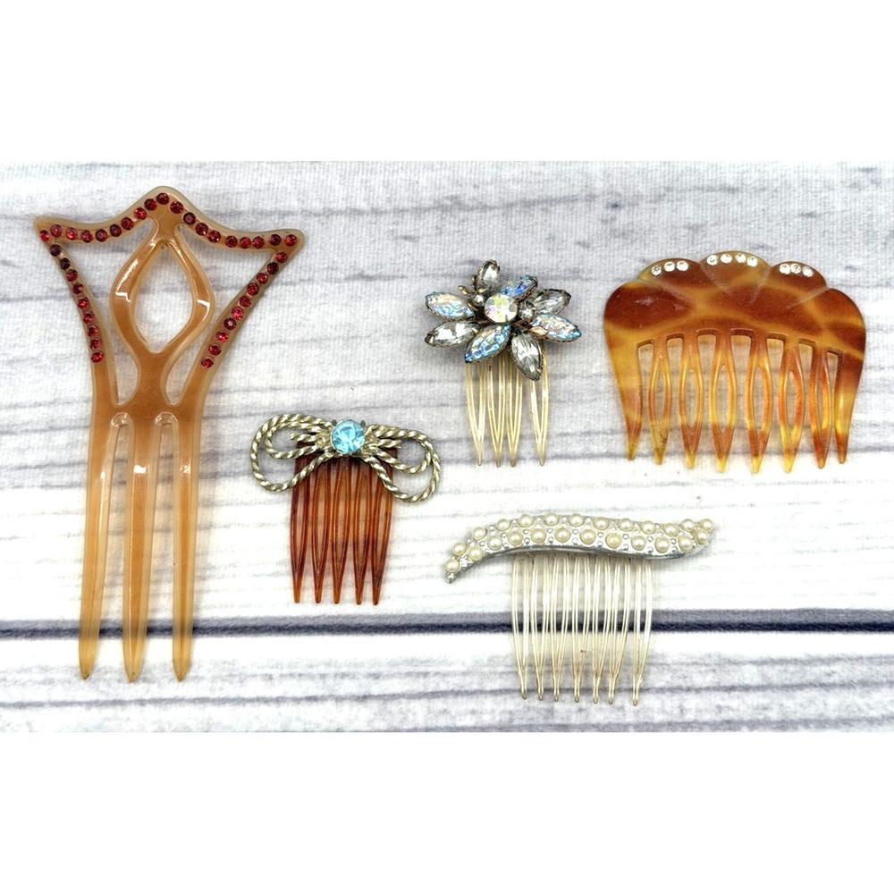 LOT OF 5 VINTAGE CELLULOID RHINESTONE EMBELLISHED HAIR COMBS